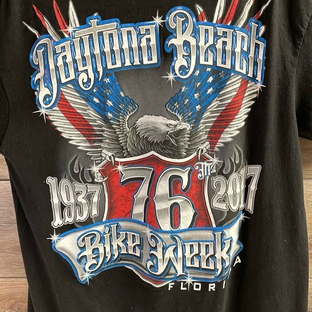 SUNA Harley Davidson Daytona Beach 2017 Black Tshirt Size Large FLAWS READ